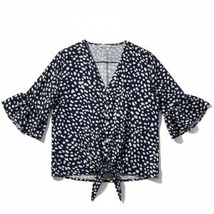 Kancystore Women's Blue White Polka Dot Print Tie-Front 3/4 Sleeve‎ Blouse Top L